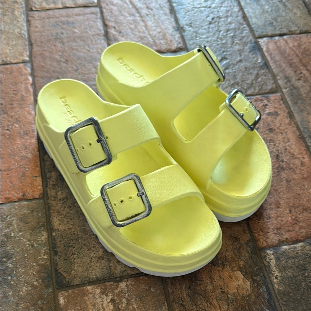 J/SLIDES Lemon Yellow Double Buckle Platform Slide Sandals